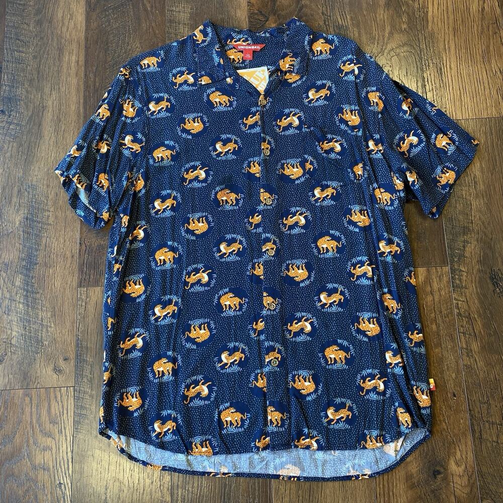 UnionBay Men’s “Poolside” Rayon Shirt Large L Dark Blue Tigers Pattern Hawaiin